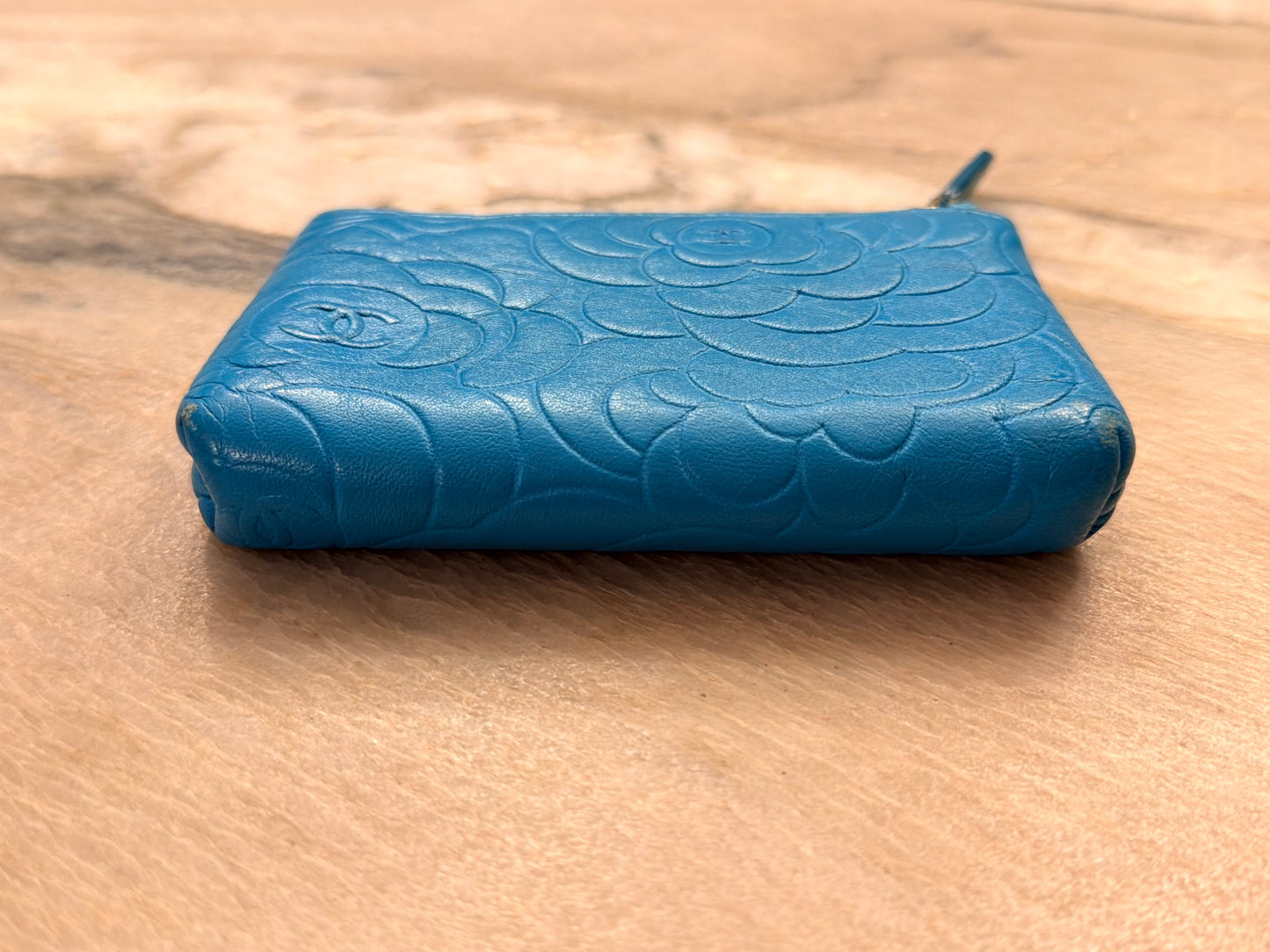 CHANEL Turquoise Camillia Embossed Lambskin Key Holder