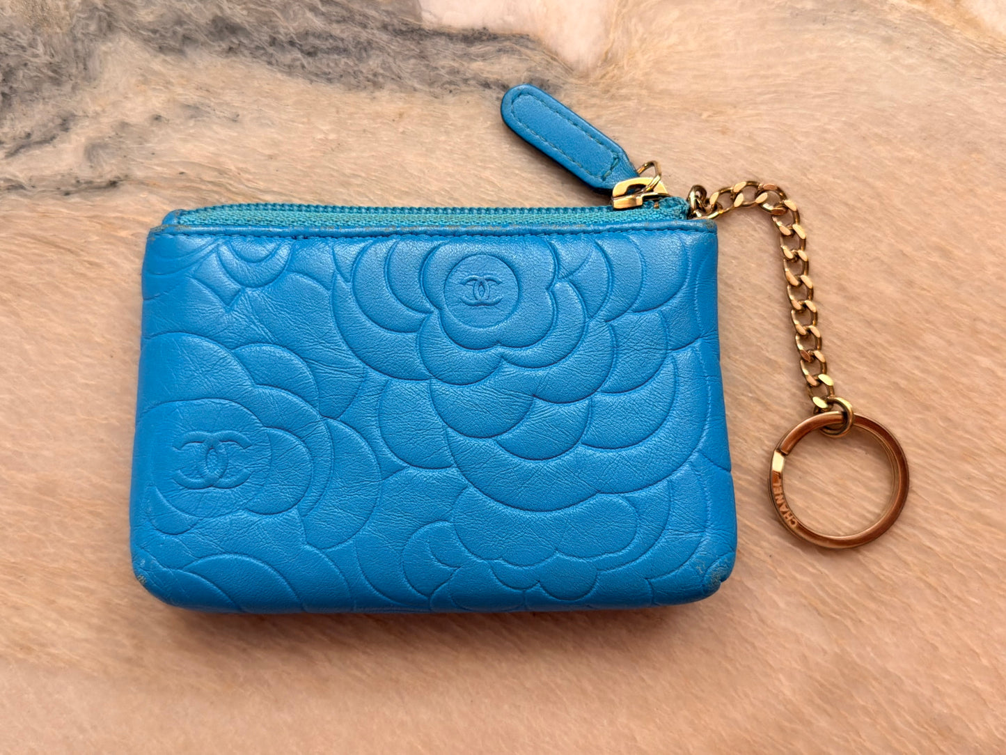 CHANEL Turquoise Camillia Embossed Lambskin Key Holder
