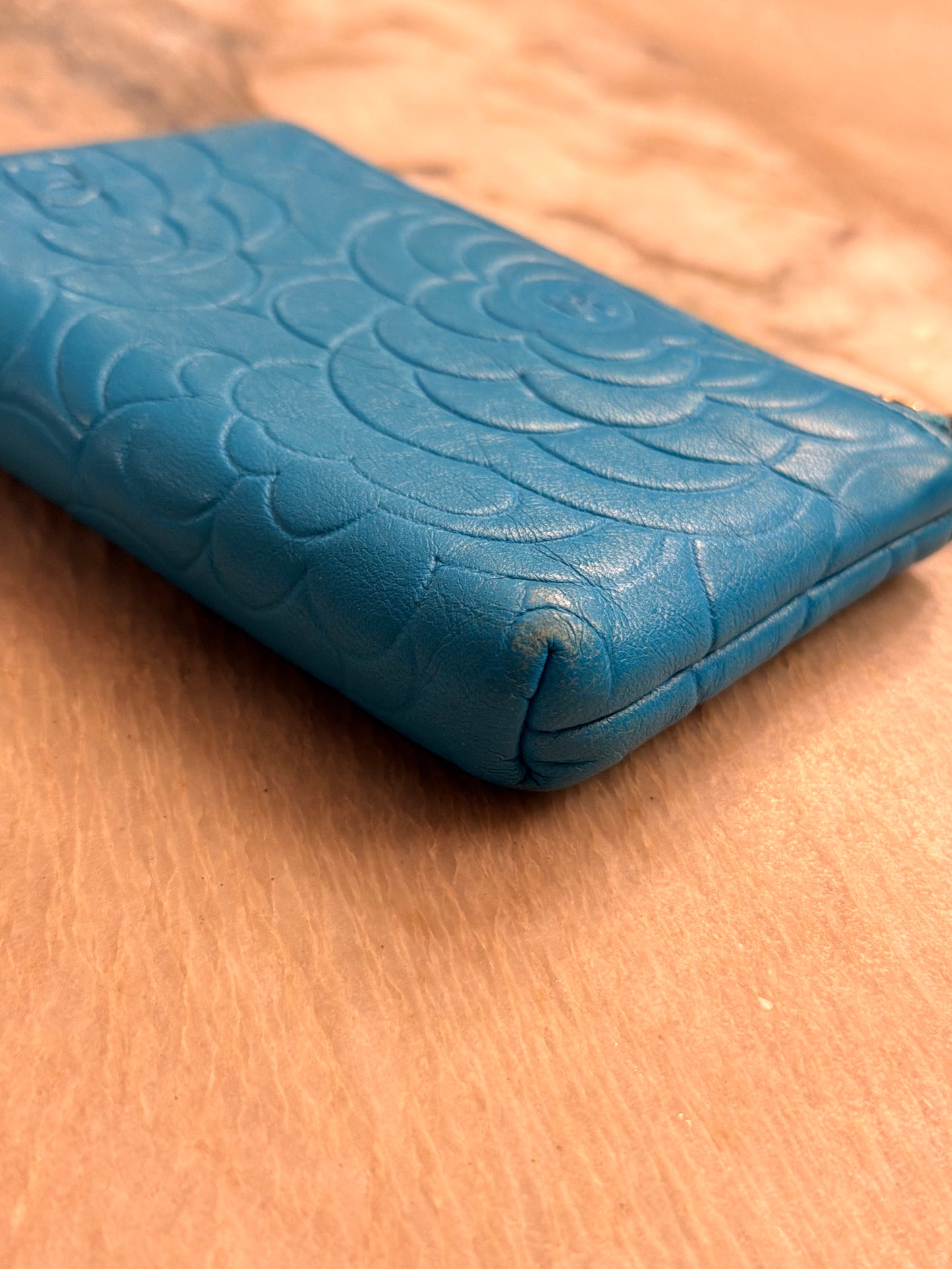 CHANEL Turquoise Camillia Embossed Lambskin Key Holder