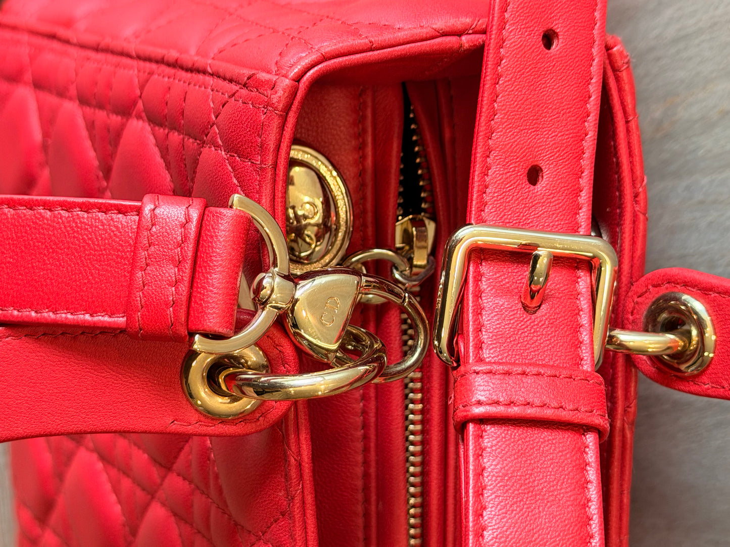 Christian Dior Medium Lady Dior Cannage Lambskin Bag in Cherry Red with Gold Hardware