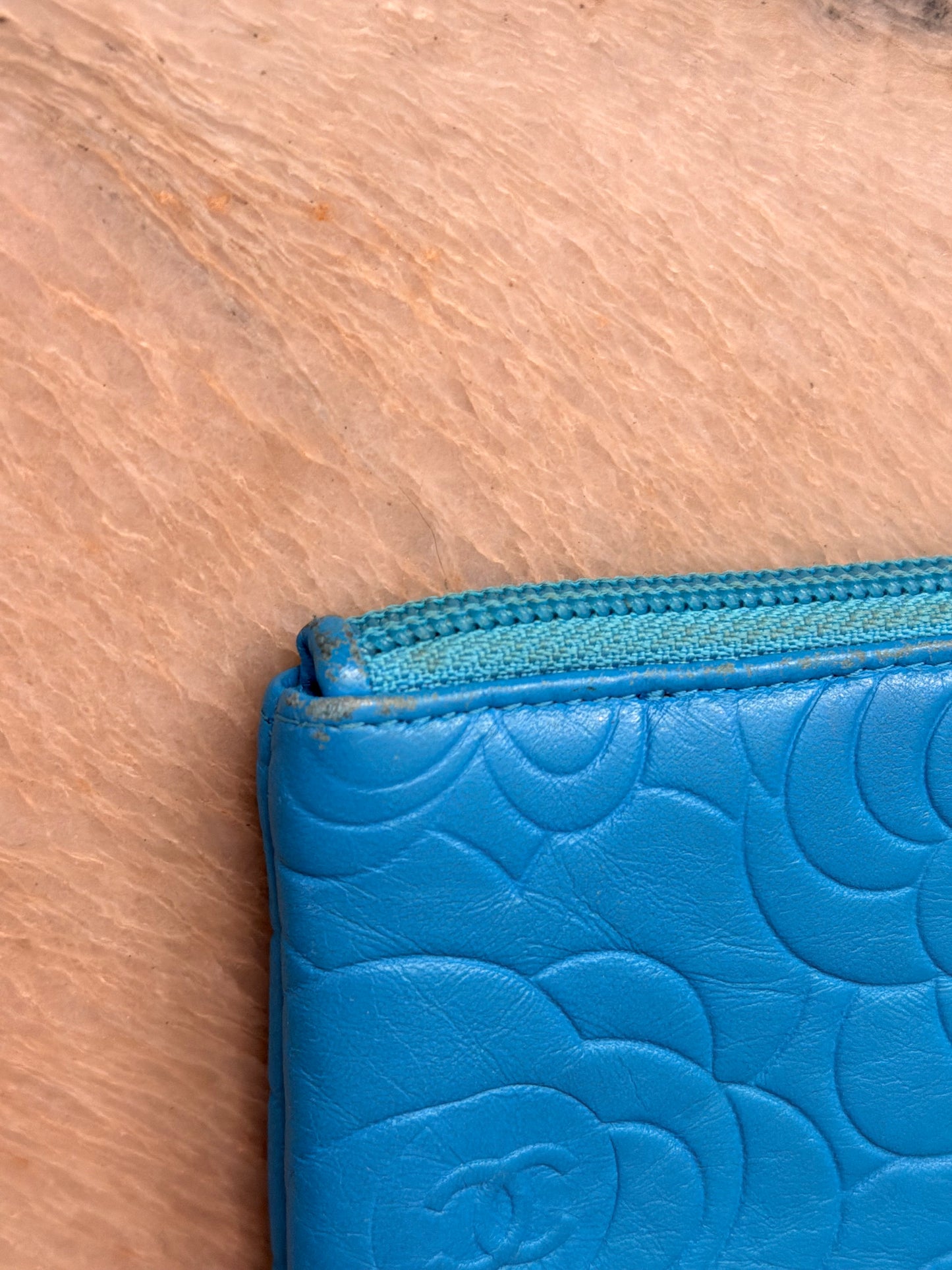 CHANEL Turquoise Camillia Embossed Lambskin Key Holder