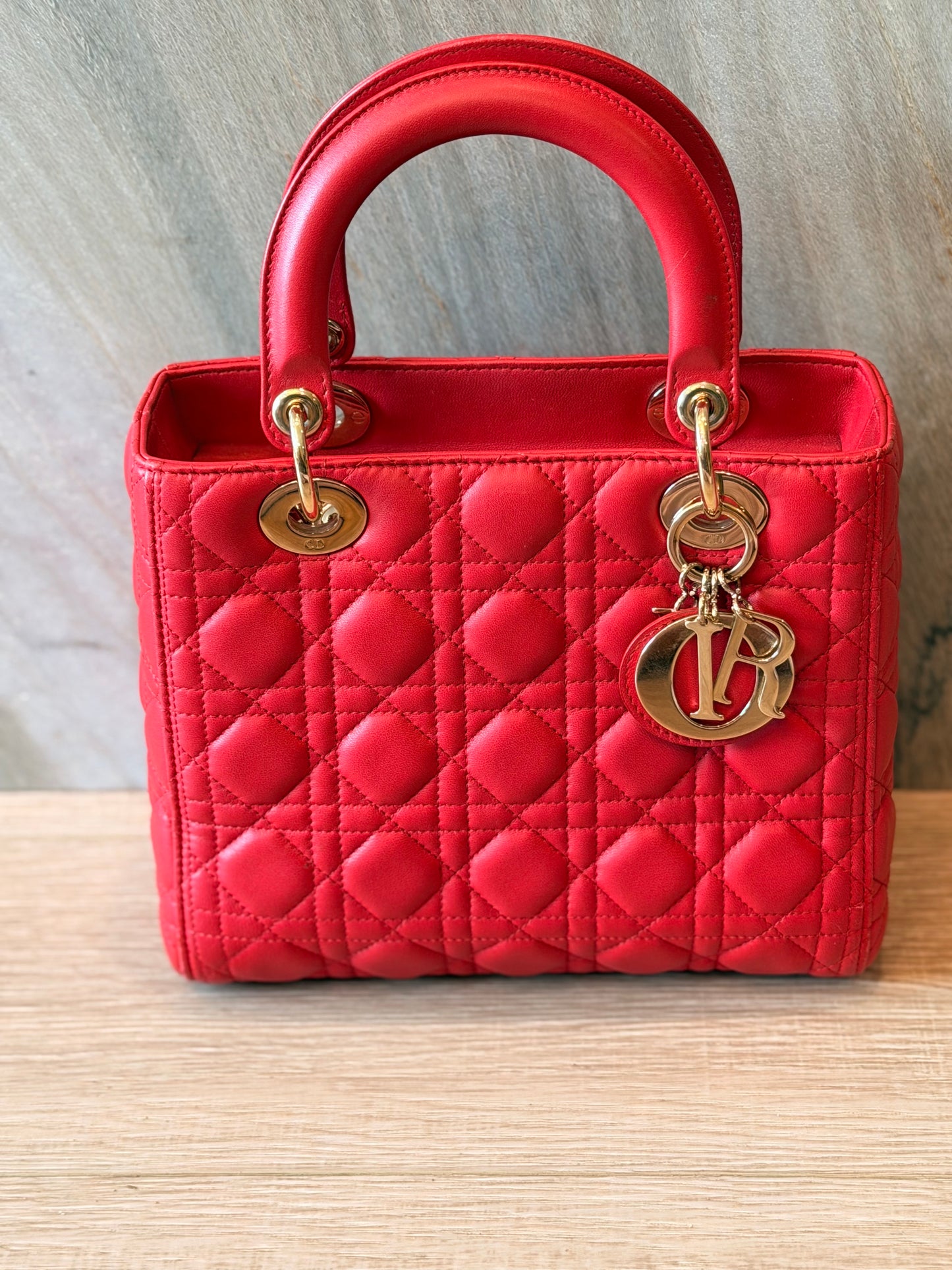 Christian Dior Medium Lady Dior Cannage Lambskin Bag in Cherry Red with Gold Hardware