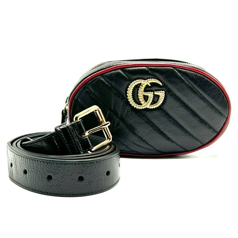 Gucci Black Matelassé Leather GG Marmont Belt Bag