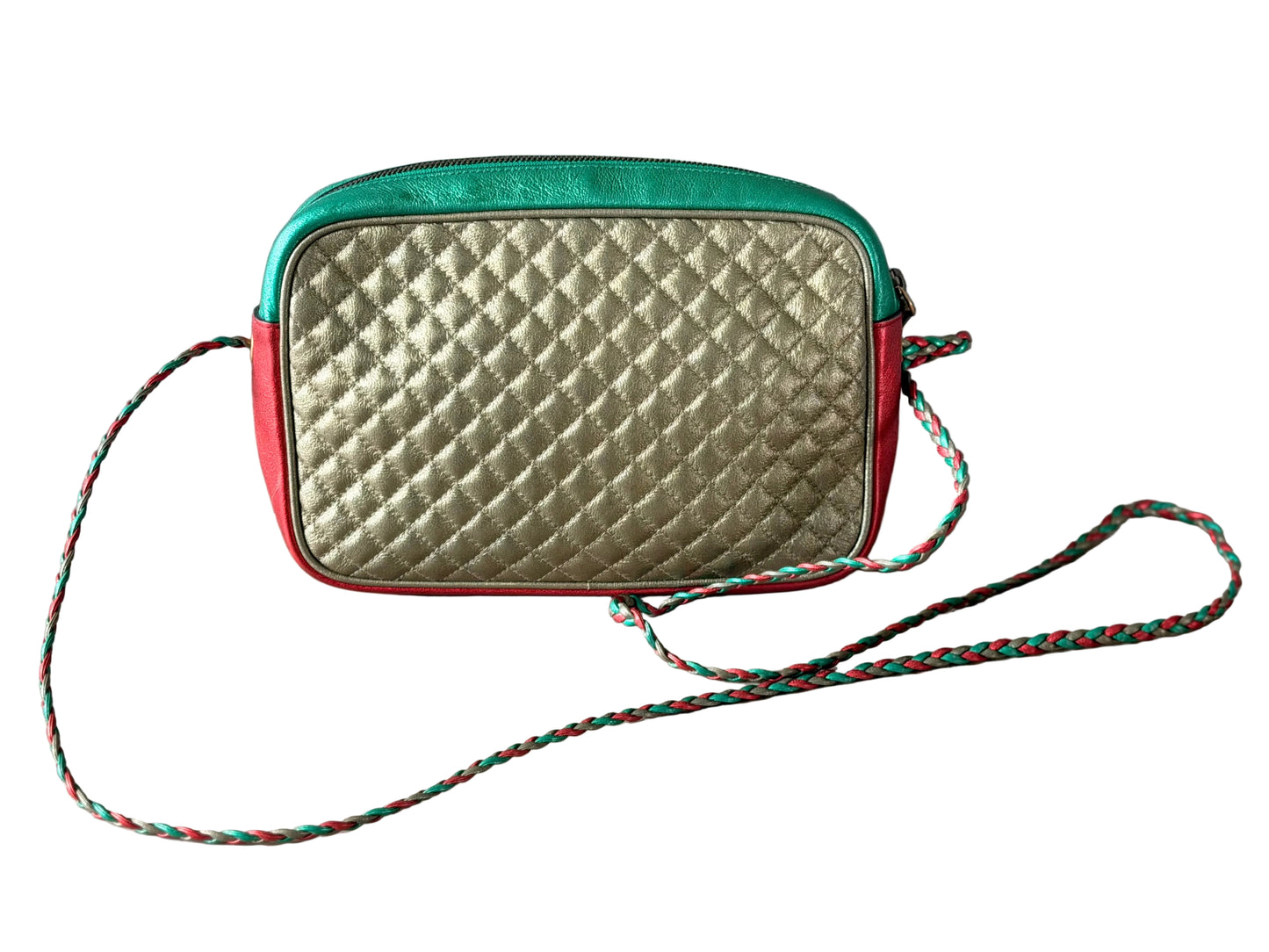 Gucci Green x Red x Gold Laminated Trapuntata Leather Braided Crossbody Bag