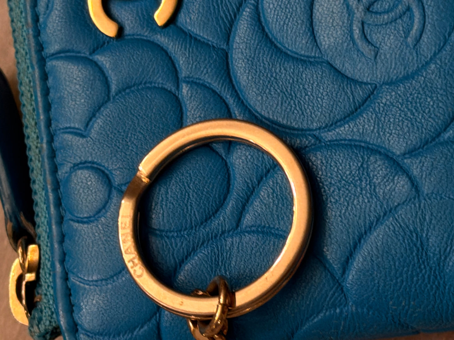 CHANEL Turquoise Camillia Embossed Lambskin Key Holder