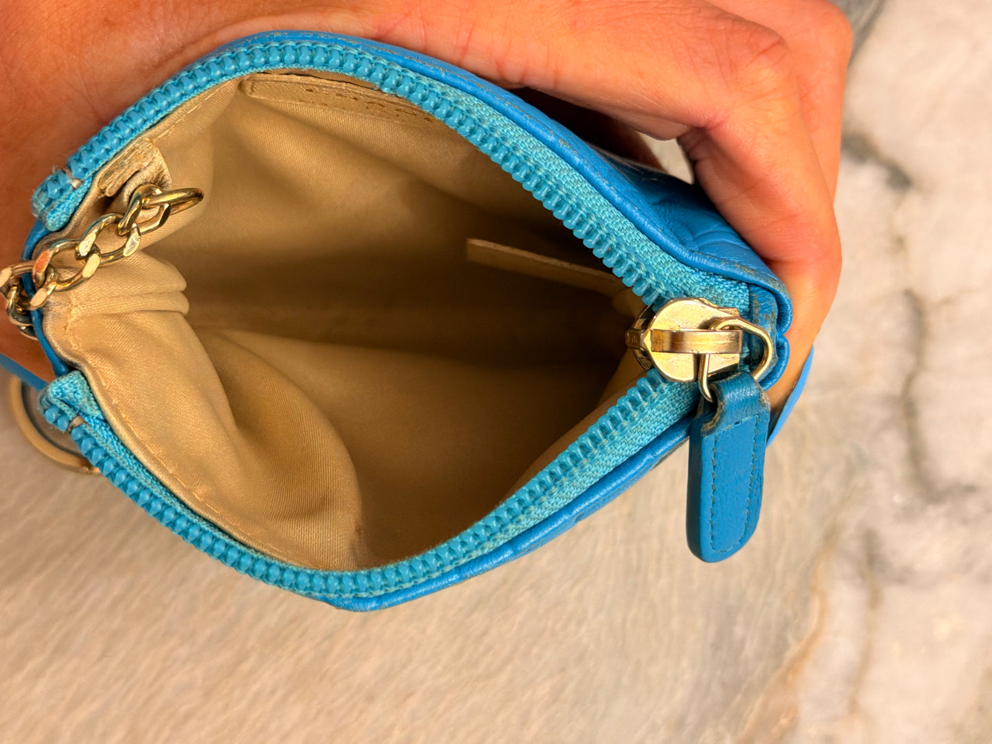 CHANEL Turquoise Camillia Embossed Lambskin Key Holder