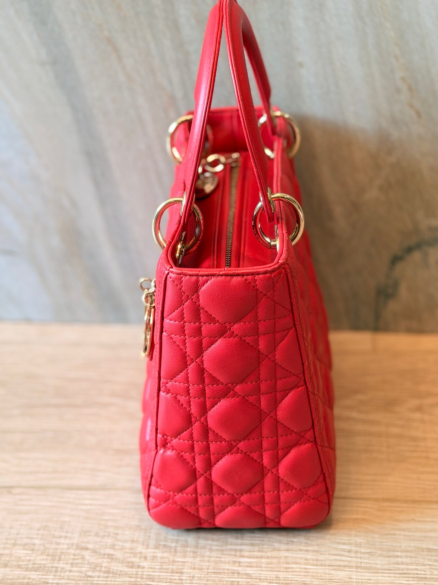 Christian Dior Medium Lady Dior Cannage Lambskin Bag in Cherry Red with Gold Hardware