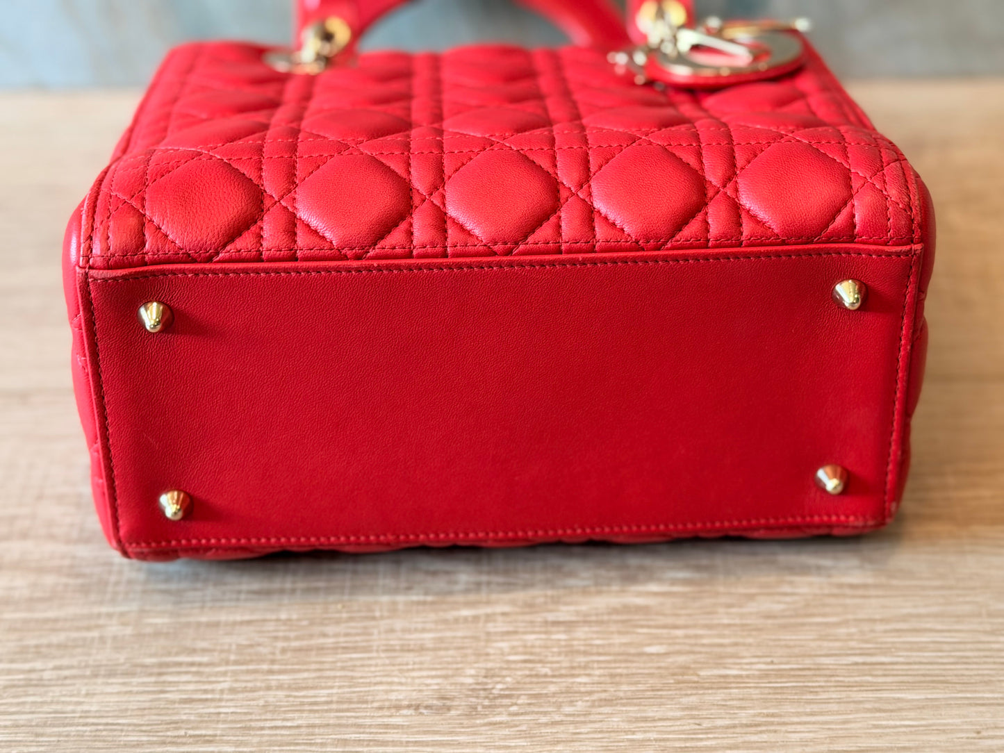 Christian Dior Medium Lady Dior Cannage Lambskin Bag in Cherry Red with Gold Hardware