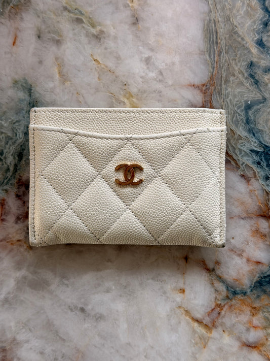 CHANEL White Classic Card Holder In Grained Calfskin
