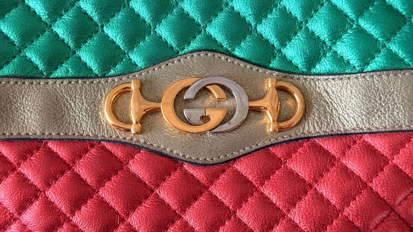 Gucci Green x Red x Gold Laminated Trapuntata Leather Braided Crossbody Bag