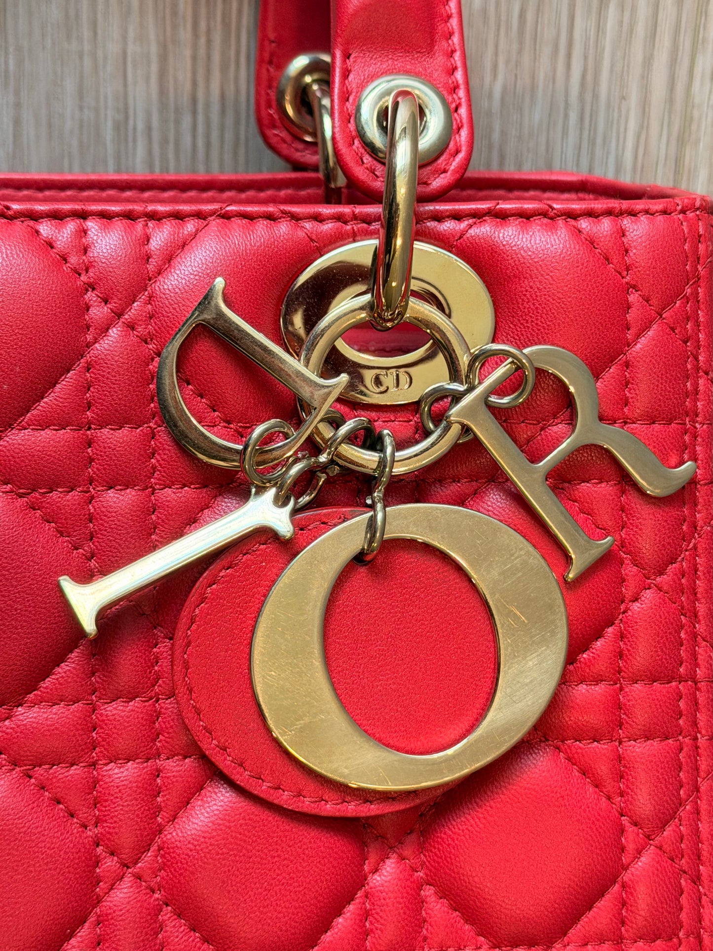 Christian Dior Medium Lady Dior Cannage Lambskin Bag in Cherry Red with Gold Hardware