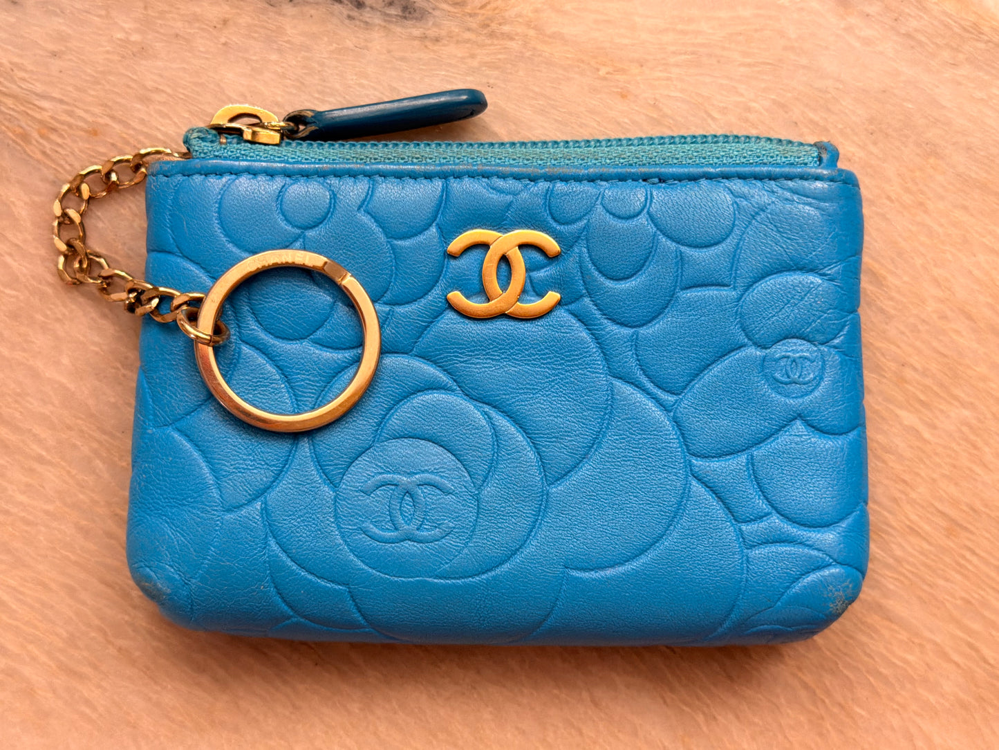 CHANEL Turquoise Camillia Embossed Lambskin Key Holder