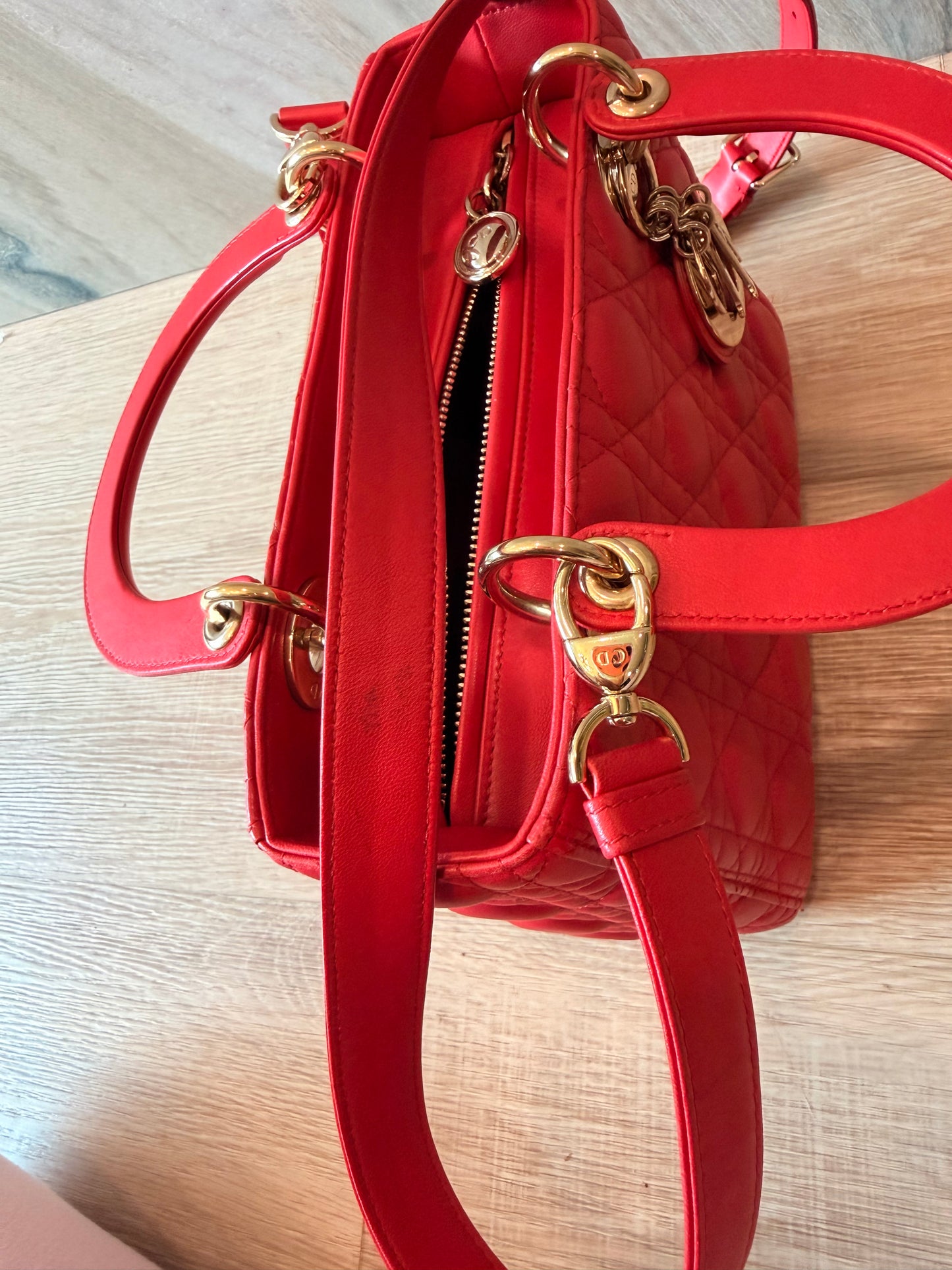 Christian Dior Medium Lady Dior Cannage Lambskin Bag in Cherry Red with Gold Hardware