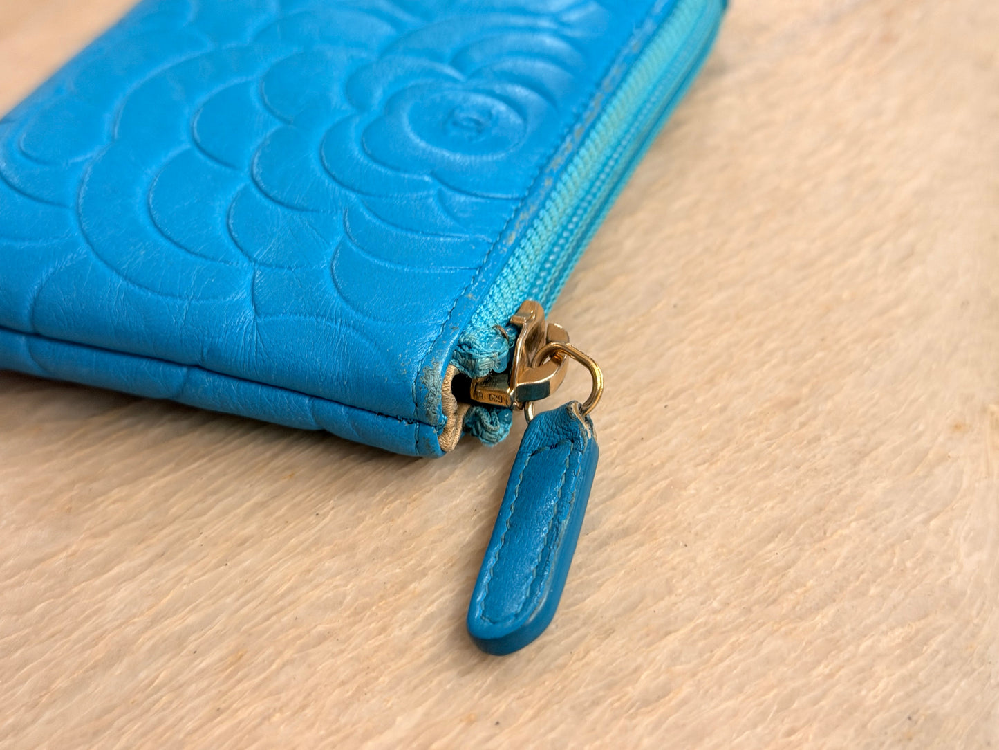 CHANEL Turquoise Camillia Embossed Lambskin Key Holder
