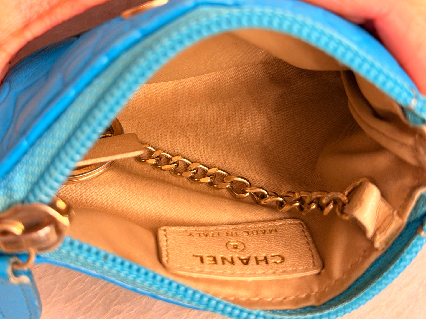 CHANEL Turquoise Camillia Embossed Lambskin Key Holder