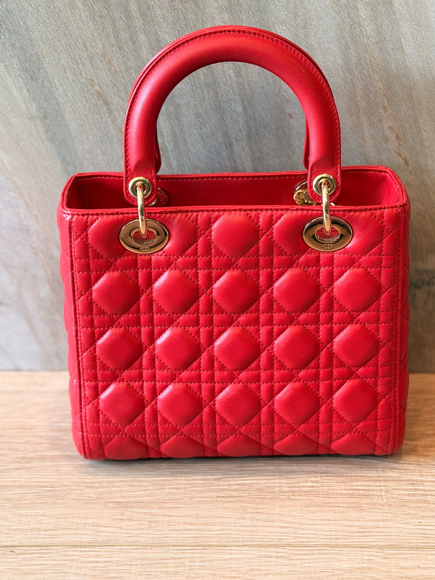 Christian Dior Medium Lady Dior Cannage Lambskin Bag in Cherry Red with Gold Hardware
