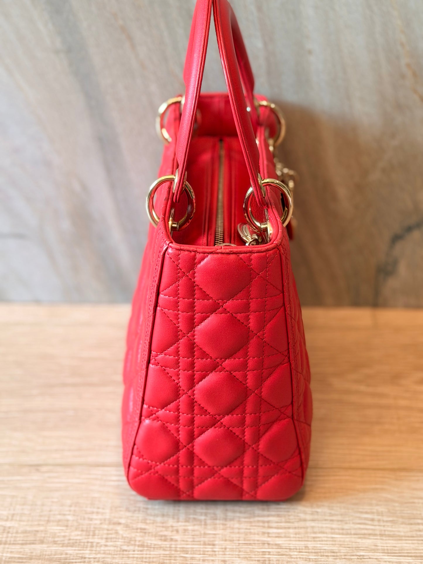 Christian Dior Medium Lady Dior Cannage Lambskin Bag in Cherry Red with Gold Hardware