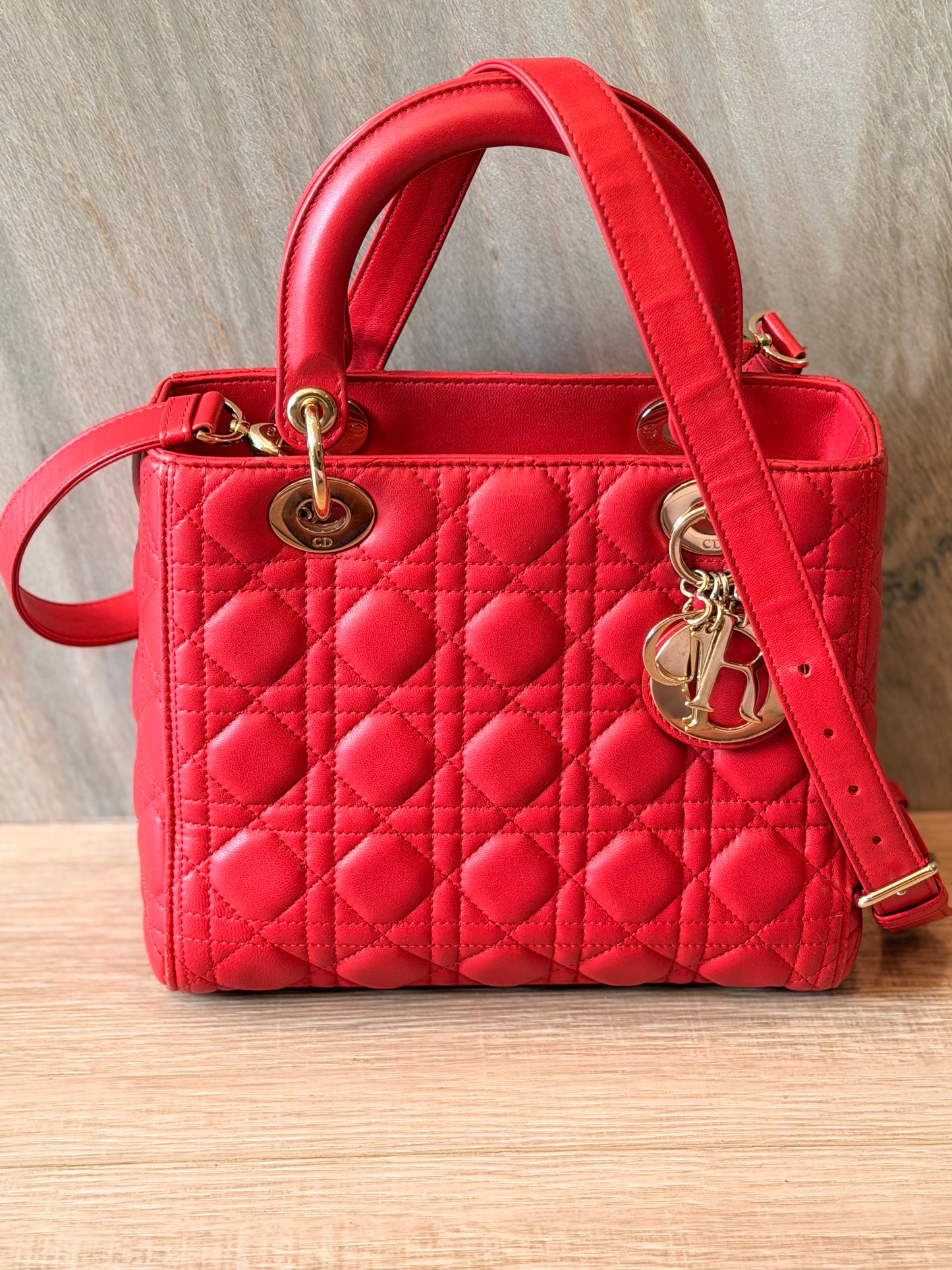 Christian Dior Medium Lady Dior Cannage Lambskin Bag in Cherry Red with Gold Hardware