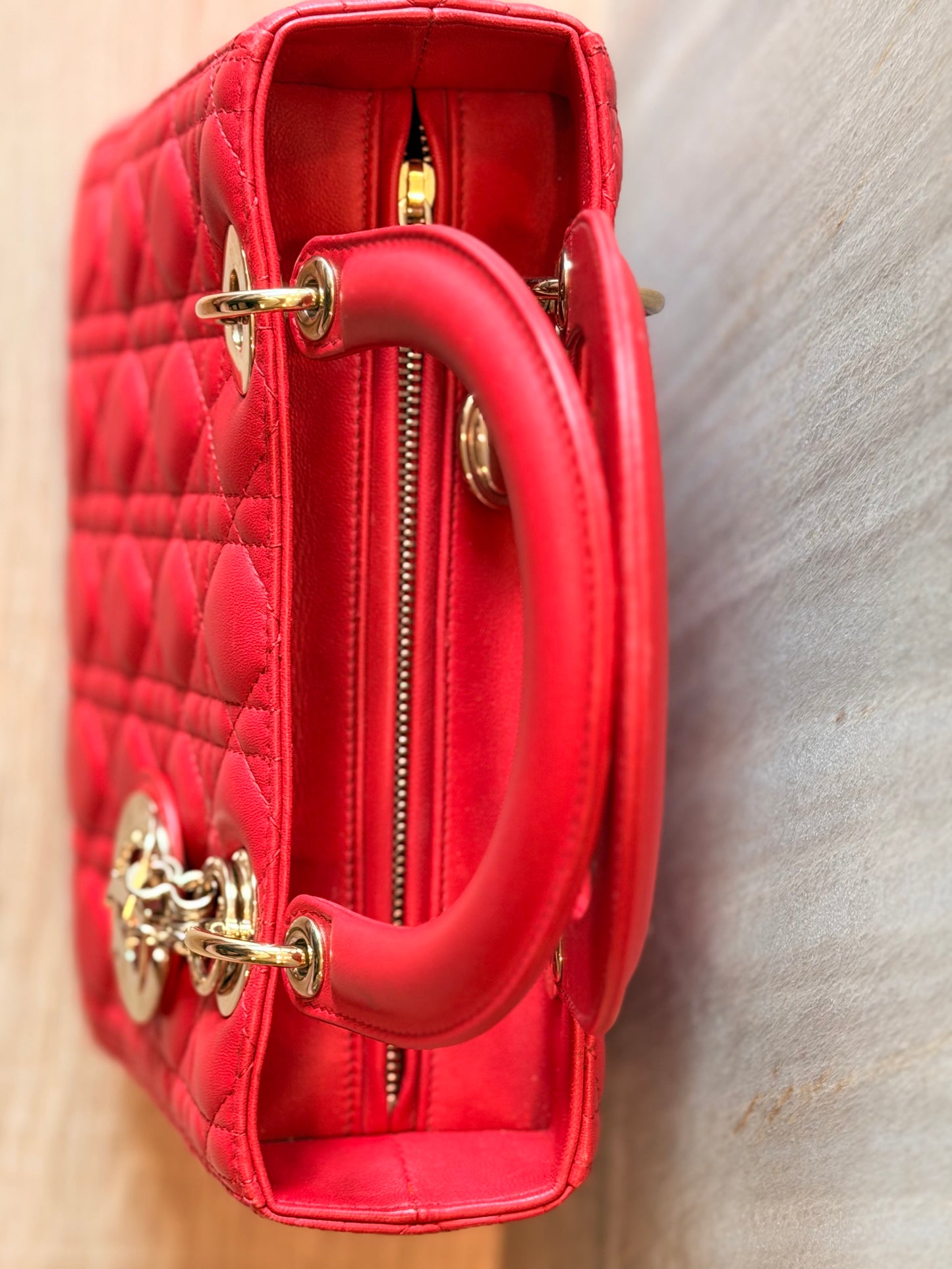 Christian Dior Medium Lady Dior Cannage Lambskin Bag in Cherry Red with Gold Hardware