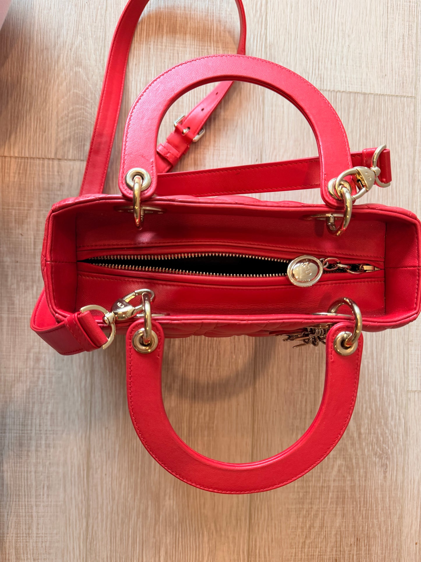 Christian Dior Medium Lady Dior Cannage Lambskin Bag in Cherry Red with Gold Hardware