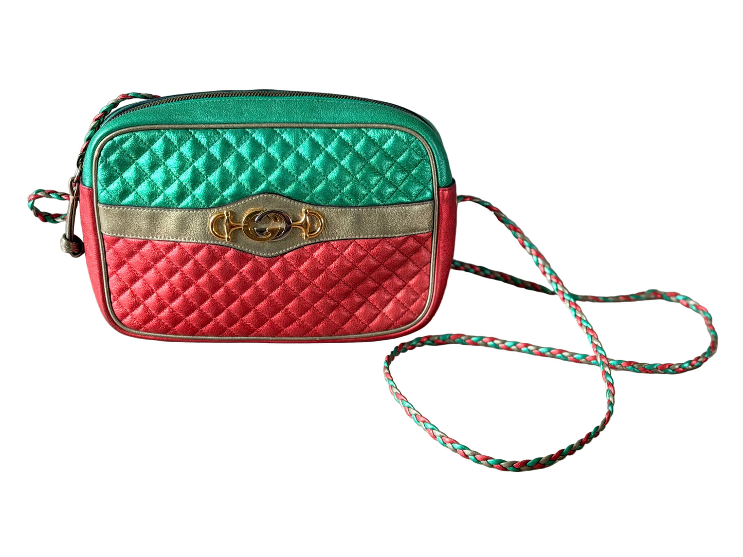 Gucci Green x Red x Gold Laminated Trapuntata Leather Braided Crossbody Bag