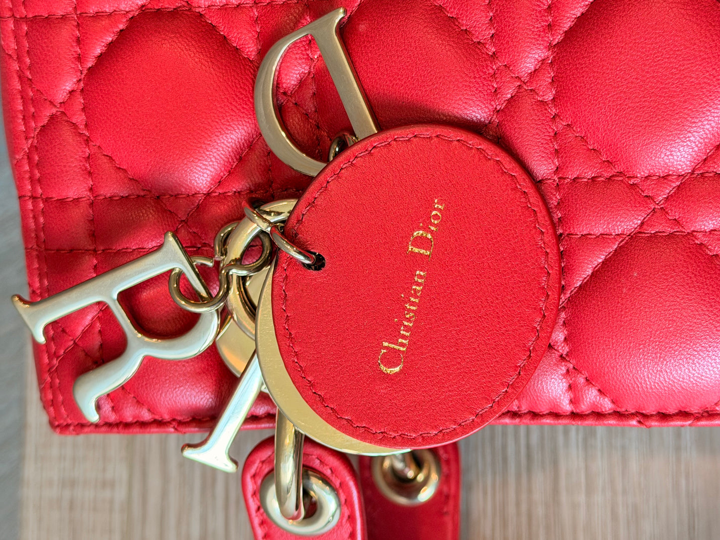 Christian Dior Medium Lady Dior Cannage Lambskin Bag in Cherry Red with Gold Hardware