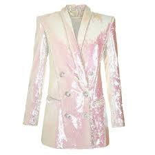 RARE Balmain Women's Iridescent Sequined Mini Blazer/Dress In Pearl Size 38