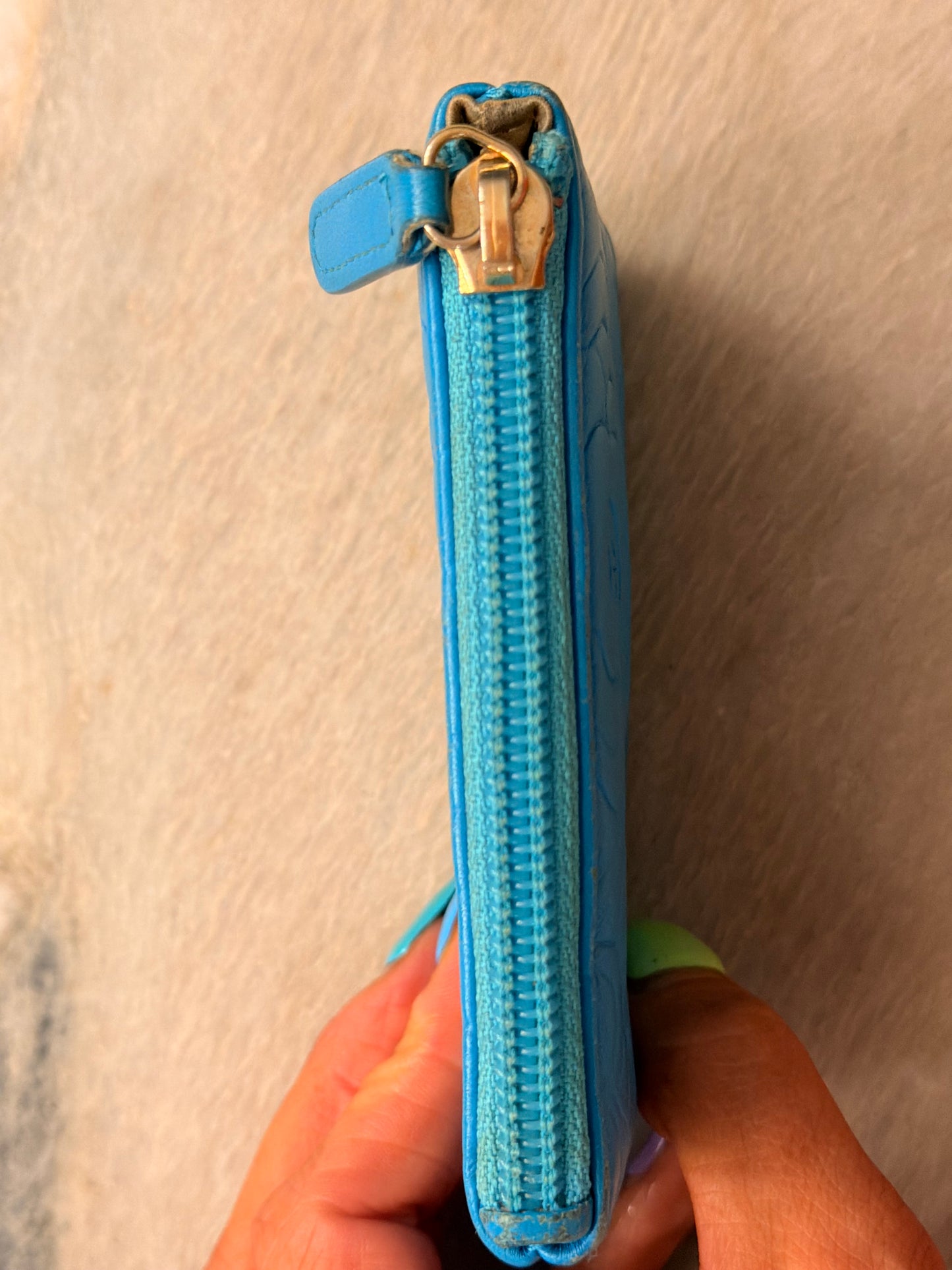CHANEL Turquoise Camillia Embossed Lambskin Key Holder