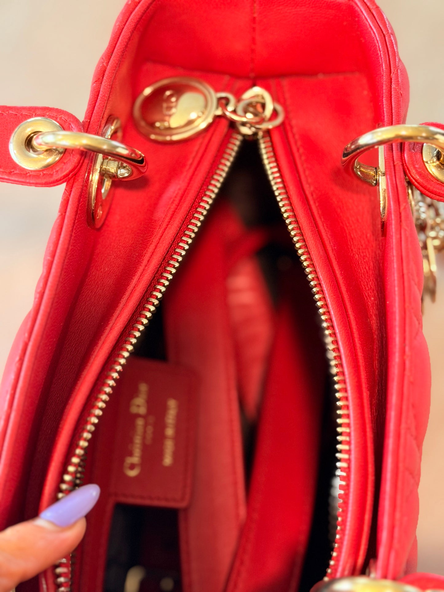 Christian Dior Medium Lady Dior Cannage Lambskin Bag in Cherry Red with Gold Hardware