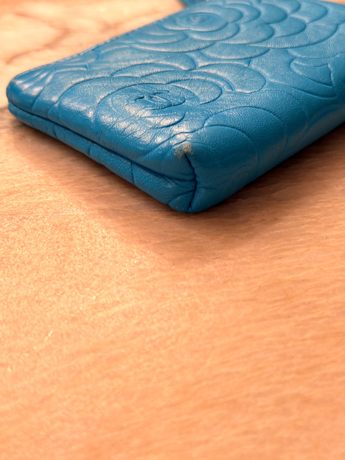 CHANEL Turquoise Camillia Embossed Lambskin Key Holder