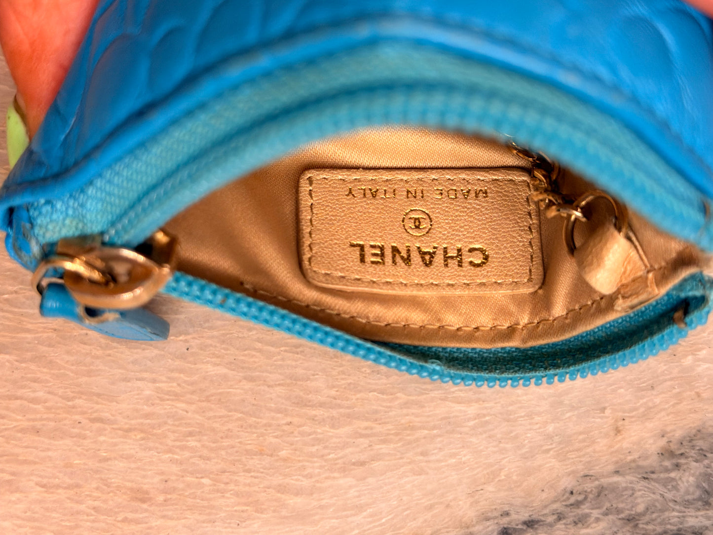 CHANEL Turquoise Camillia Embossed Lambskin Key Holder