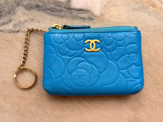 CHANEL Turquoise Camillia Embossed Lambskin Key Holder
