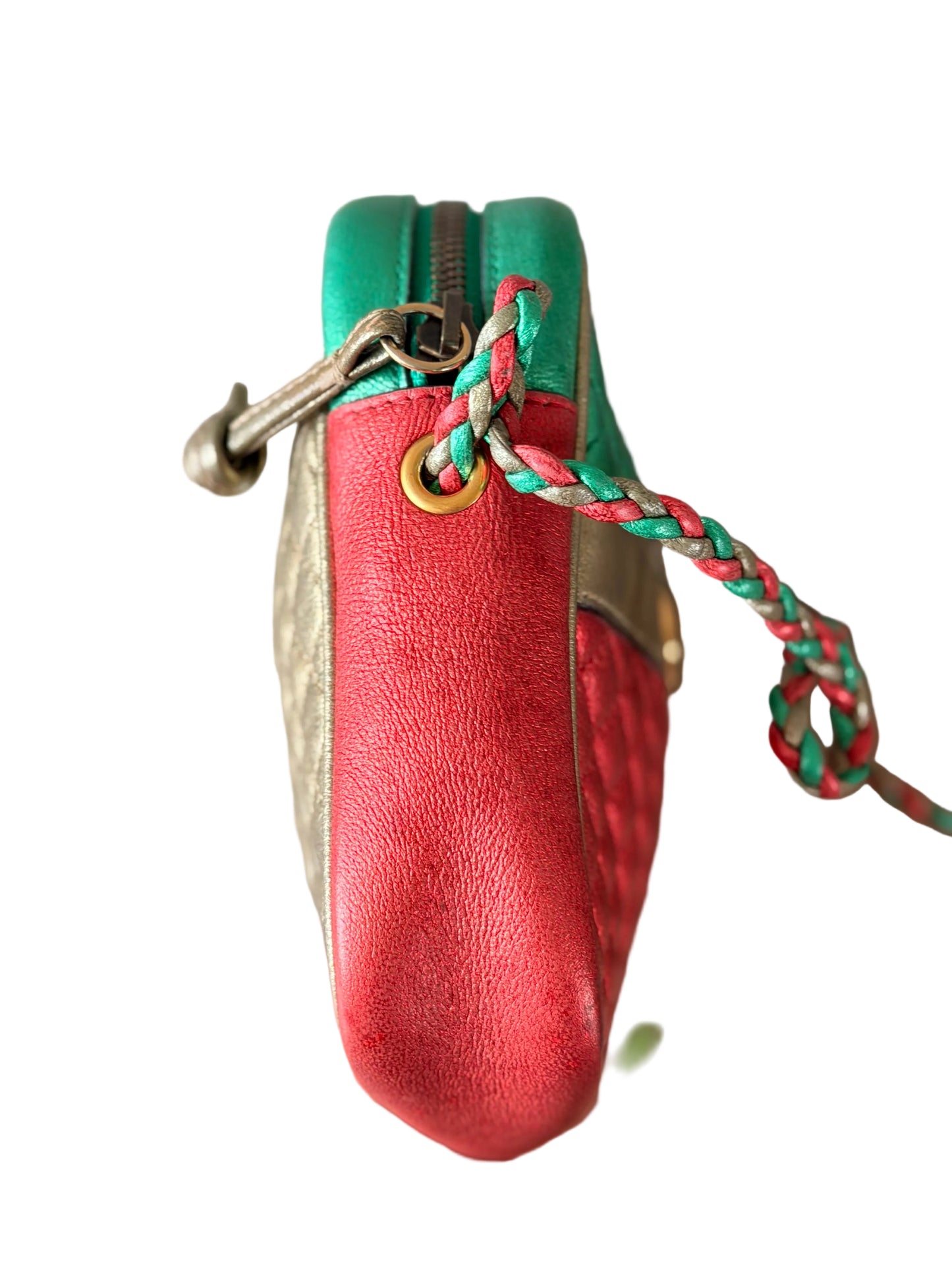 Gucci Green x Red x Gold Laminated Trapuntata Leather Braided Crossbody Bag