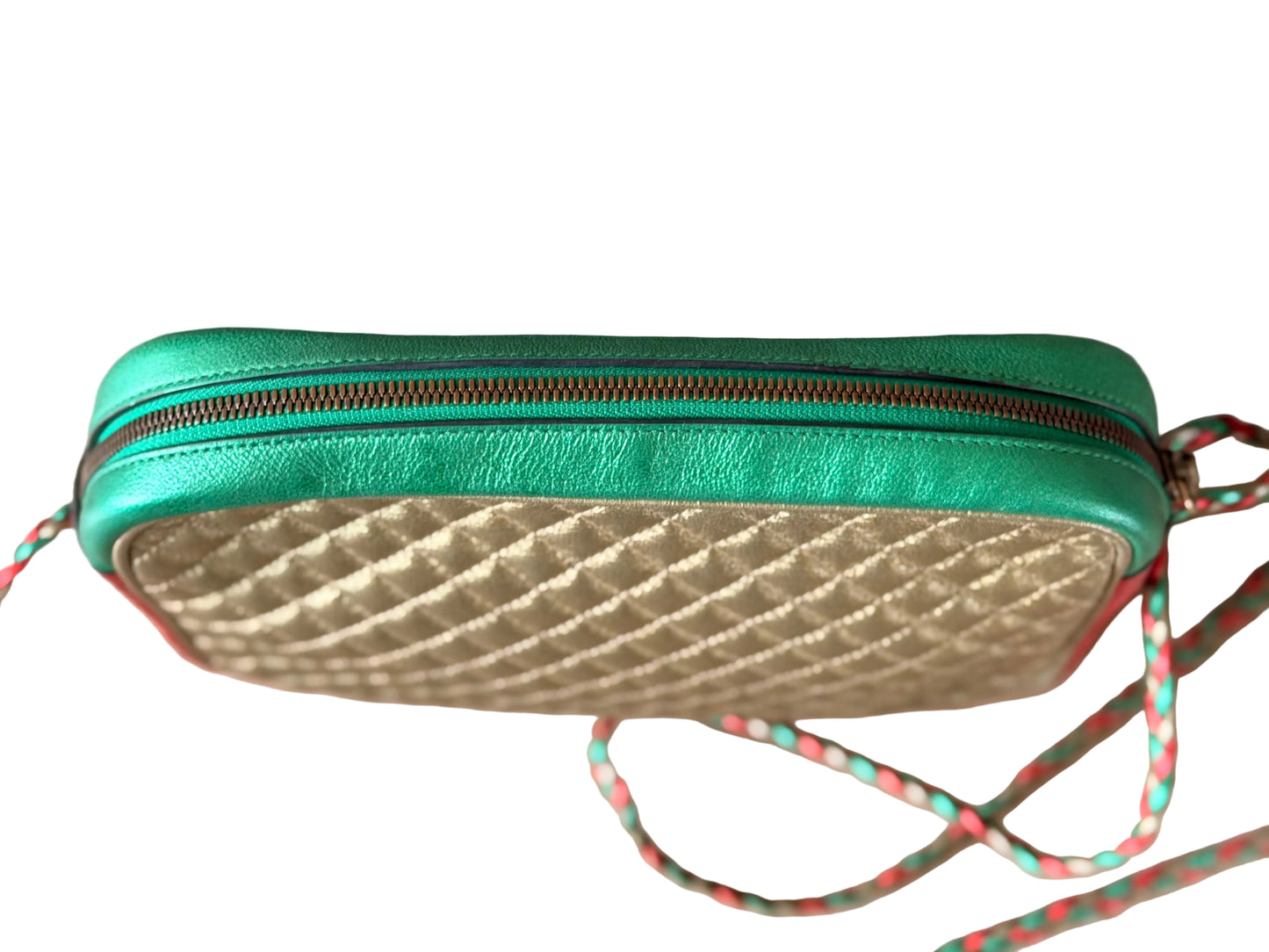 Gucci Green x Red x Gold Laminated Trapuntata Leather Braided Crossbody Bag
