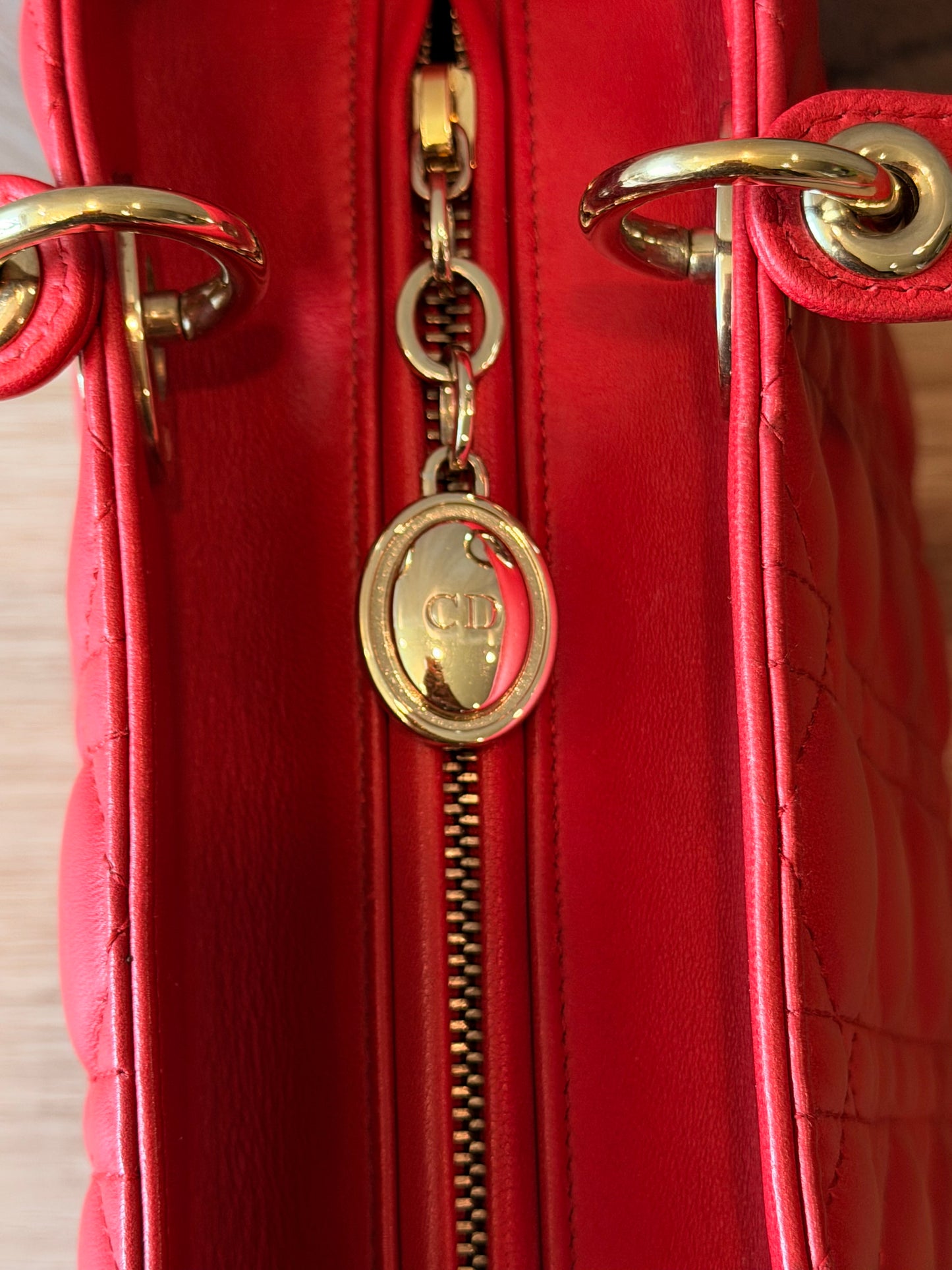 Christian Dior Medium Lady Dior Cannage Lambskin Bag in Cherry Red with Gold Hardware