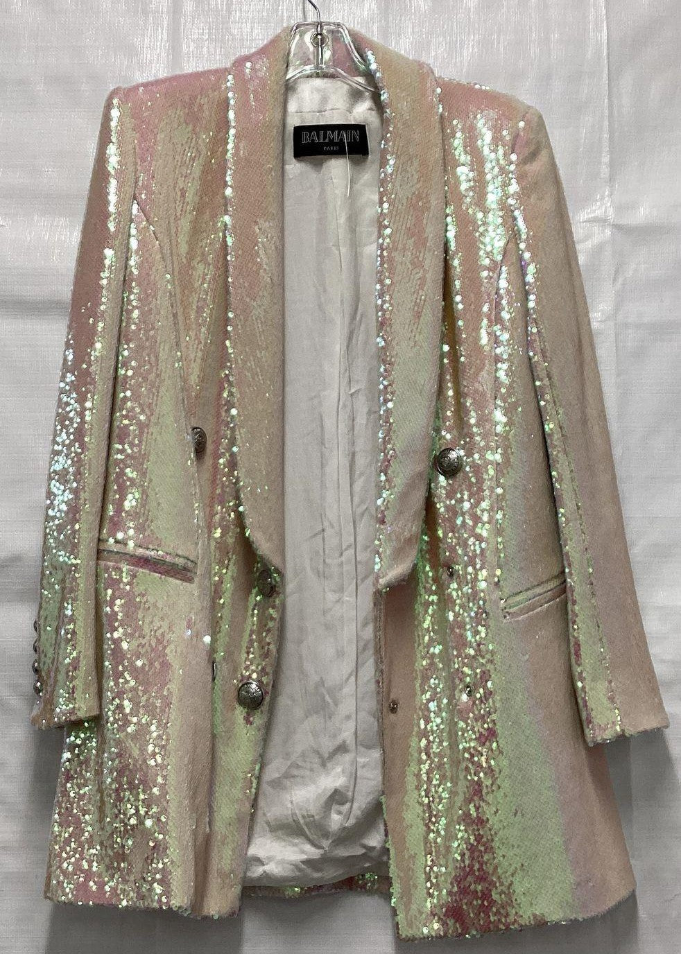 RARE Balmain Women's Iridescent Sequined Mini Blazer/Dress In Pearl Size 38