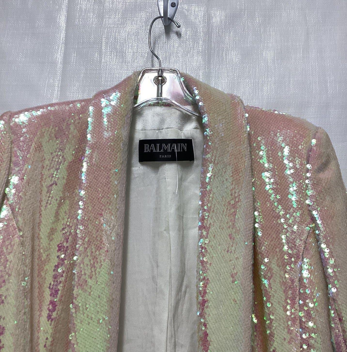 RARE Balmain Women's Iridescent Sequined Mini Blazer/Dress In Pearl Size 38