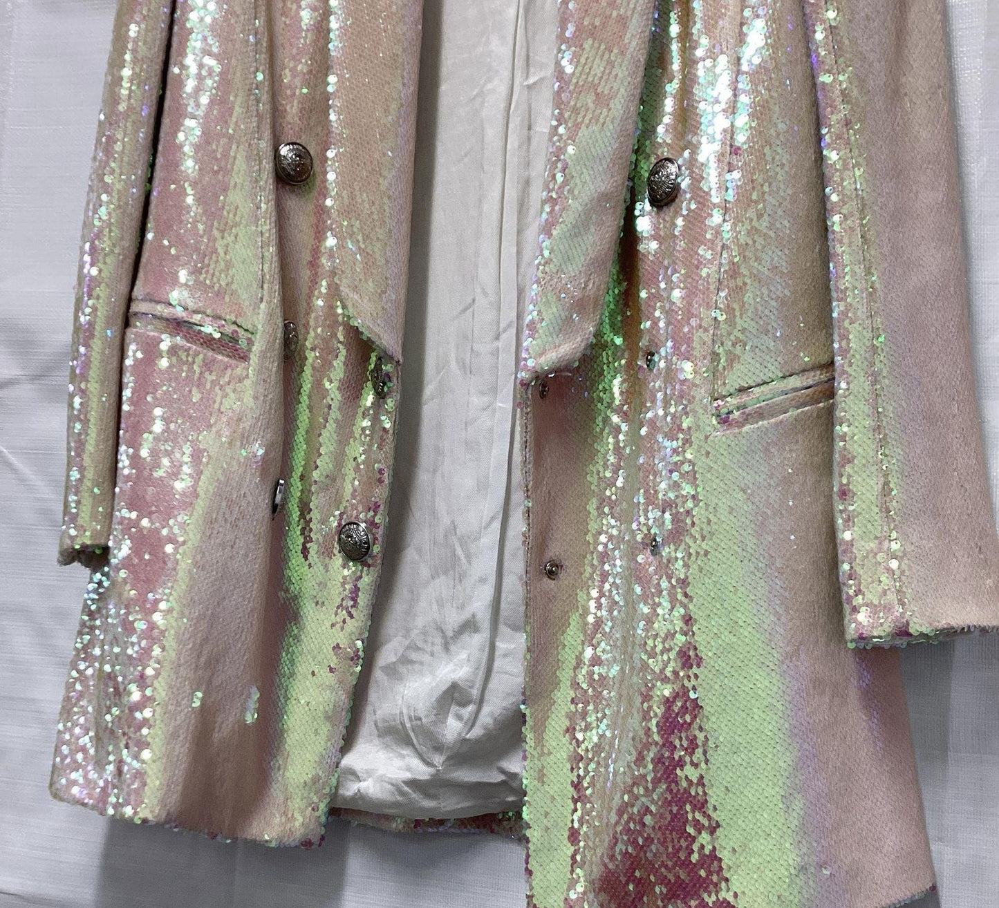 RARE Balmain Women's Iridescent Sequined Mini Blazer/Dress In Pearl Size 38