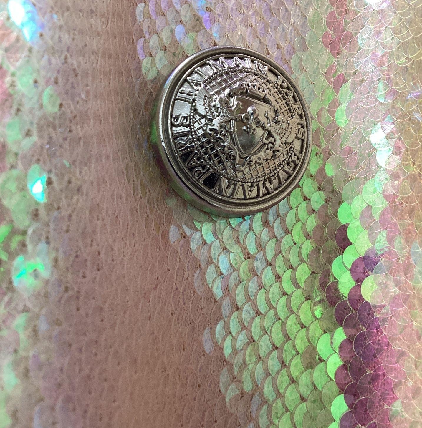 RARE Balmain Women's Iridescent Sequined Mini Blazer/Dress In Pearl Size 38