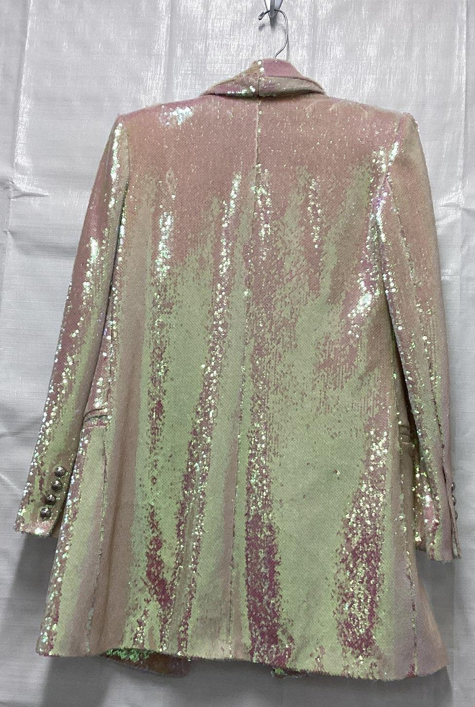 RARE Balmain Women's Iridescent Sequined Mini Blazer/Dress In Pearl Size 38