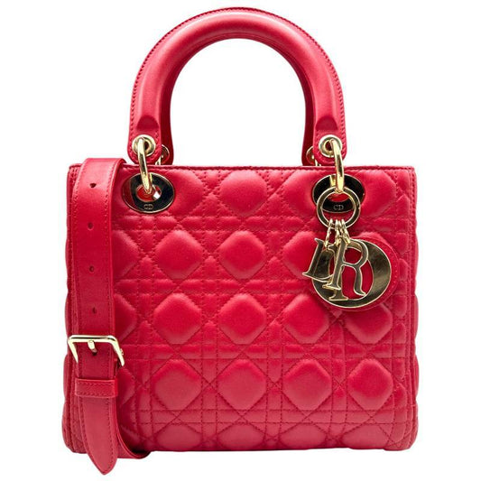 Christian Dior Medium Lady Dior Cannage Lambskin Bag in Cherry Red with Gold Hardware