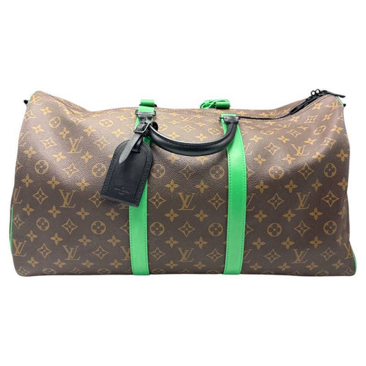 Louis Vuitton Keepall Bandoulière 50 Monogram Canvas Travel Bag with Green Leather Straps Like-New