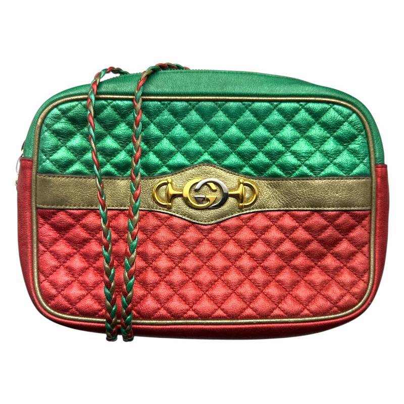 Gucci Green x Red x Gold Laminated Trapuntata Leather Braided Crossbody Bag