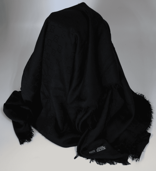 Gucci GG Logo Noir Jacquard Silk & Wool Shawl – 56” x 56”